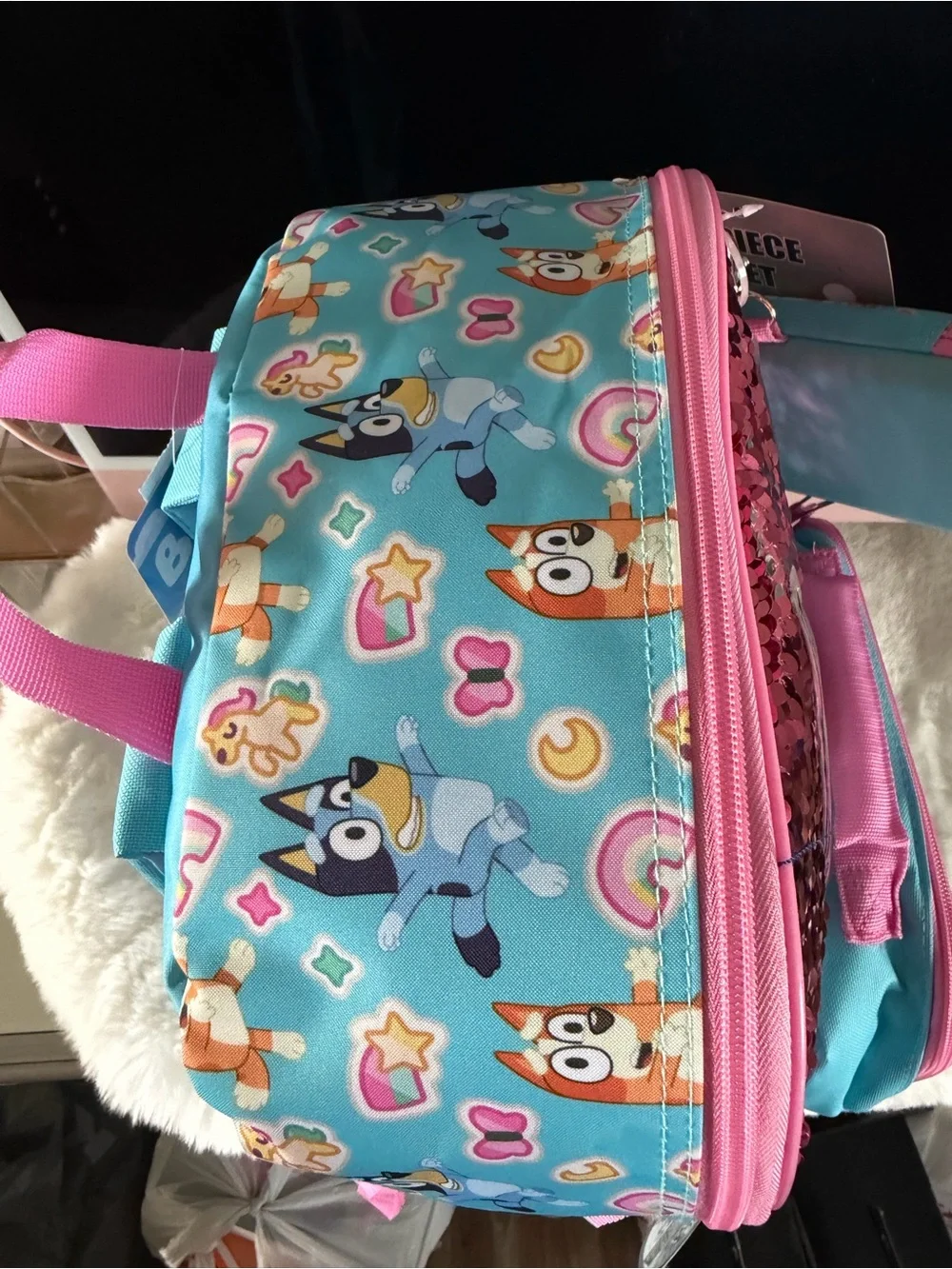 Bluey Sequin Backpack and Lunchbox Set - Pink & Aqua 16in H 12in W